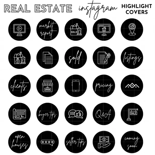 black real estate Instagram highlight cover icons, Real estate, realtor, realtor Instagram, real estate branding, real estate agent, real estate template, real estate posts, realtor template, realtor branding, real estate icons