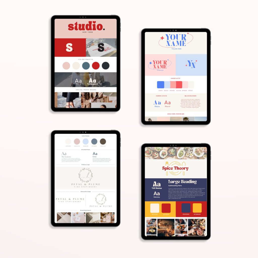 Canva brand board template highlighting curated font pairings alongside brand colors and logo options for a cohesive visual identity