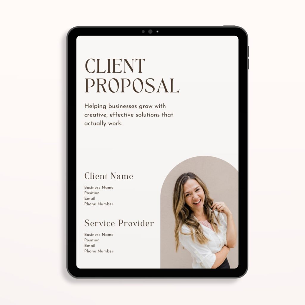 Preview of a fully editable client proposal template in Canva with sections for project overview, pricing, and next steps