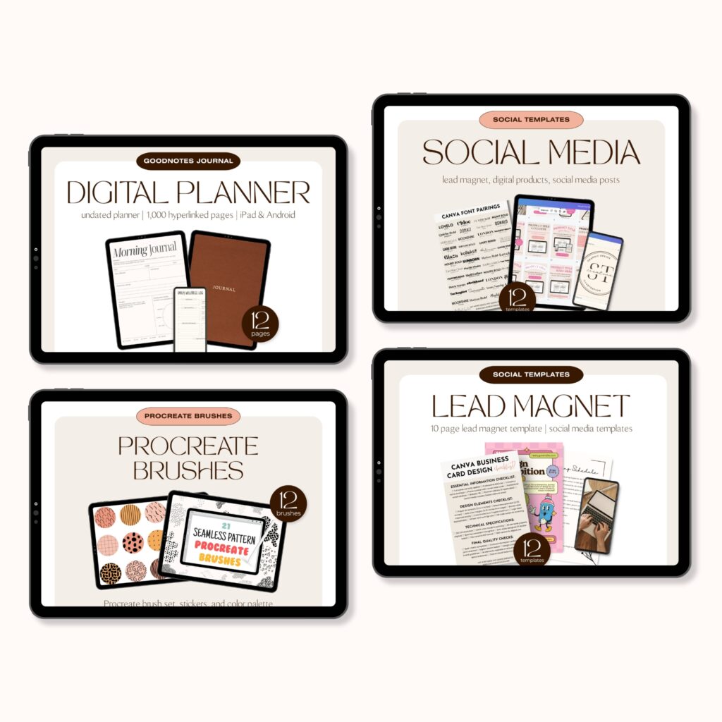 Overview of Canva mockup templates for digital products including styled layouts for ebooks, guides, and worksheets