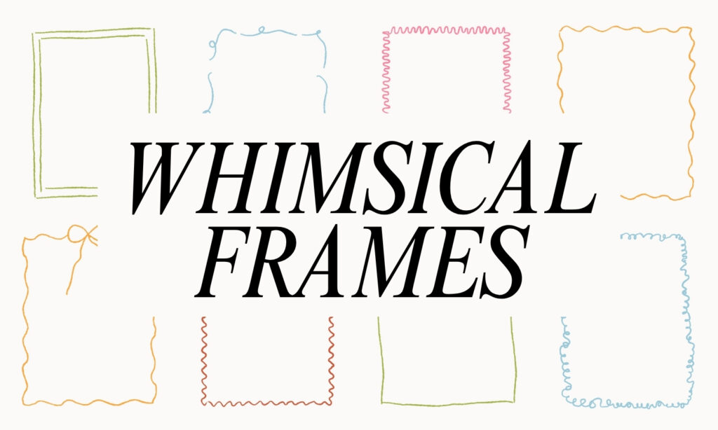 Eight whimsical wavy line border shapes displayed on a white paper texture, Playful hand drawn wedding invitation border frames shown as PNG elements on a textured background