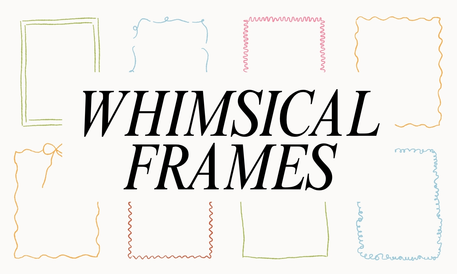 Eight whimsical wavy line border shapes displayed on a white paper texture, Playful hand drawn wedding invitation border frames shown as PNG elements on a textured background