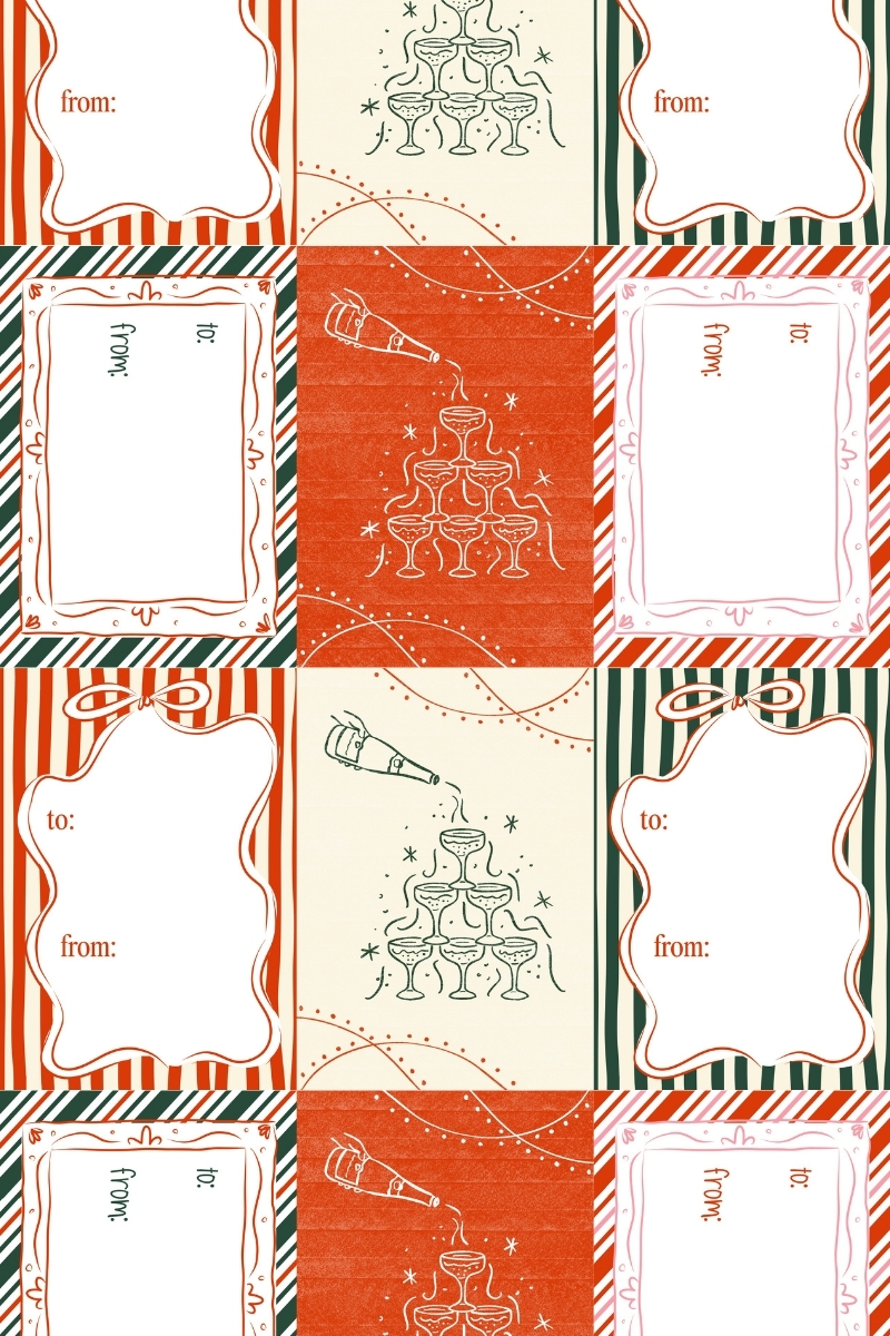 Printable Christmas gift tags styled on wrapped holiday gifts with minimal design and handwritten details, Printable Christmas gift tags and holiday gift tags with clean typography and minimal wrapping labels