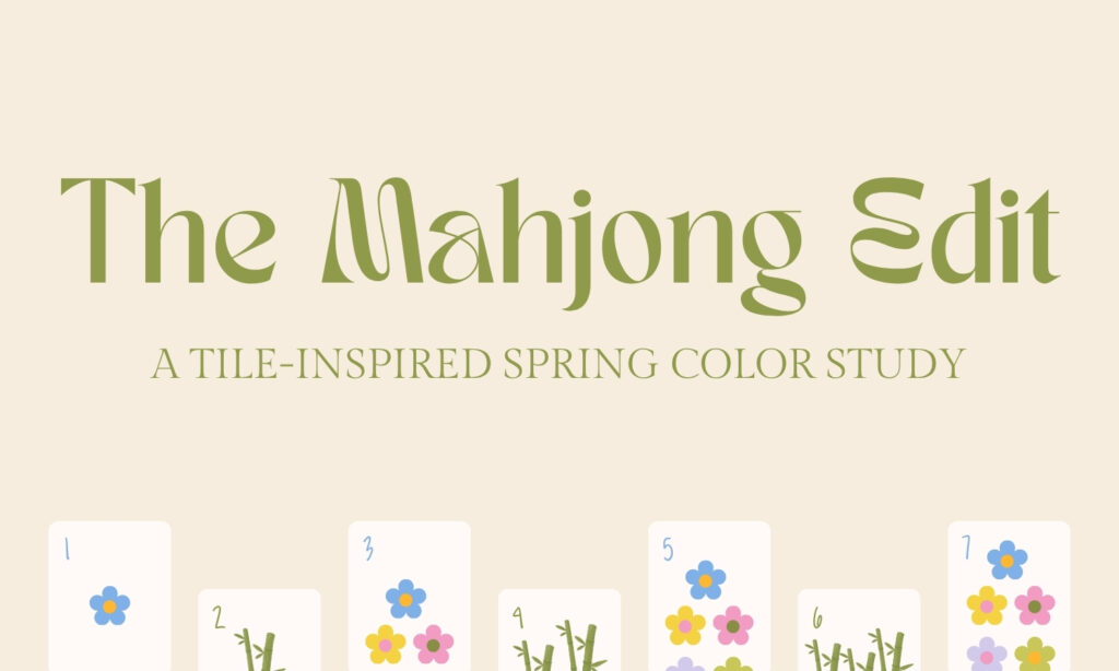 Mahjong inspired spring color palette with hex codes featuring porcelain blue, jade green, soft pink, lilac, yellow, and clay tones for branding and design