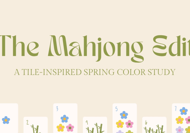 Mahjong inspired spring color palette with hex codes featuring porcelain blue, jade green, soft pink, lilac, yellow, and clay tones for branding and design