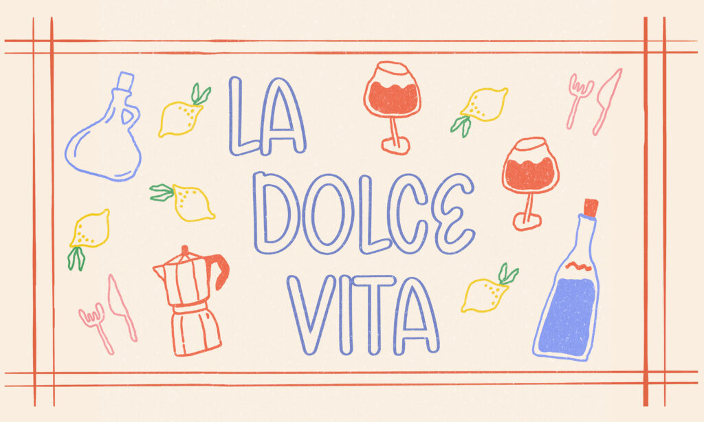 Free handwritten outline font preview called Gelato Daydream with Italian inspired illustrations and playful typography