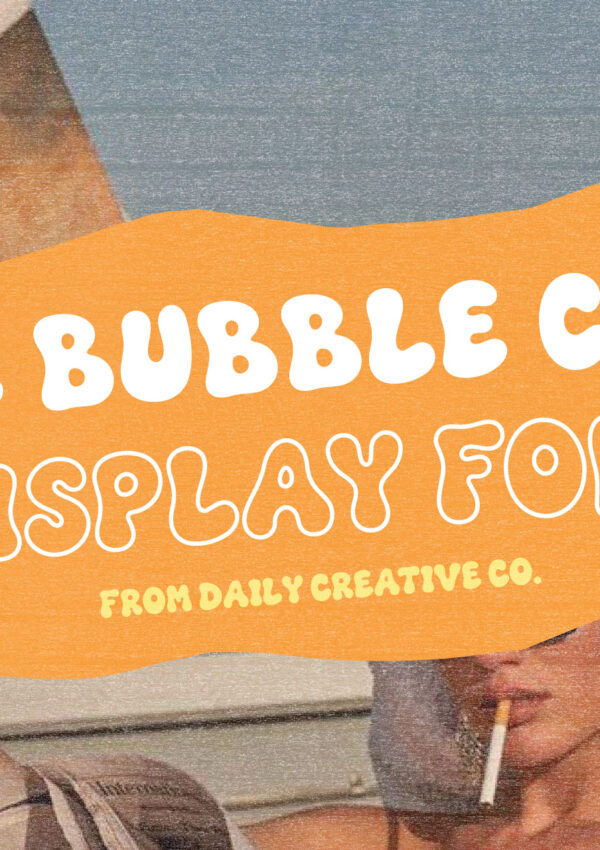 The Bubble Club hand-drawn display font shown in bold white and outlined lettering over a playful orange shape with a retro beach club lifestyle photograph.