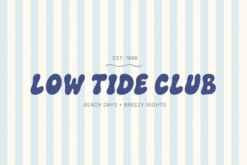 Low Tide Club coastal logo created with The Bubble Club hand-drawn display font in dark blue lettering over soft blue and cream vertical stripes.