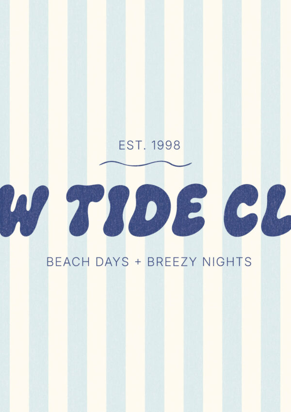 Low Tide Club coastal logo created with The Bubble Club hand-drawn display font in dark blue lettering over soft blue and cream vertical stripes.