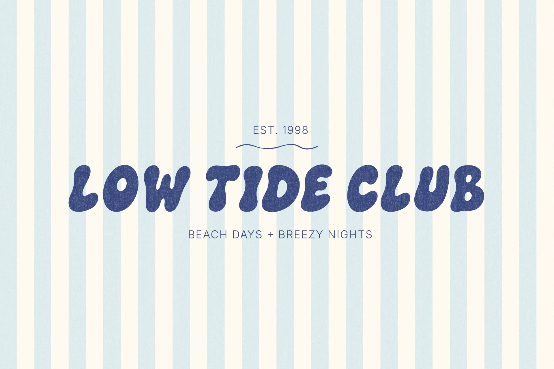 Low Tide Club coastal logo created with The Bubble Club hand-drawn display font in dark blue lettering over soft blue and cream vertical stripes.