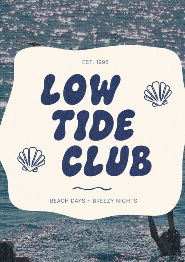 The Bubble Club bold display font used in a Low Tide Club beach logo with playful rounded lettering over a coastal ocean and swimmer photograph.