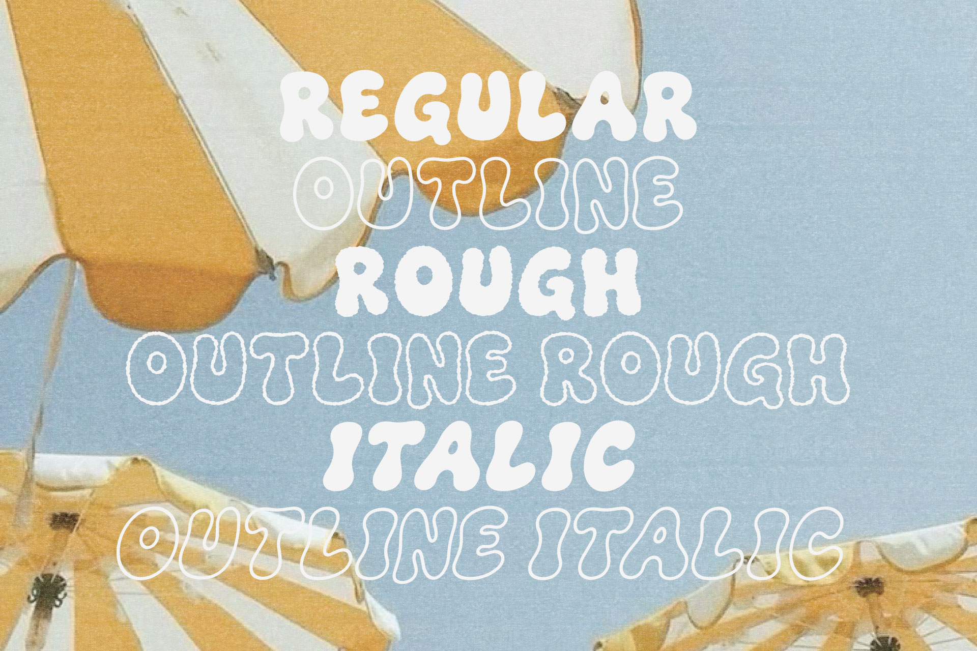 The Bubble Club font family preview featuring Regular, Outline, Rough, Outline Rough, Italic, and Outline Italic styles in playful hand-drawn display lettering.